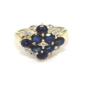 14K Yellow Gold Natural Sapphire Diamond Cluster Ring Size 7.5